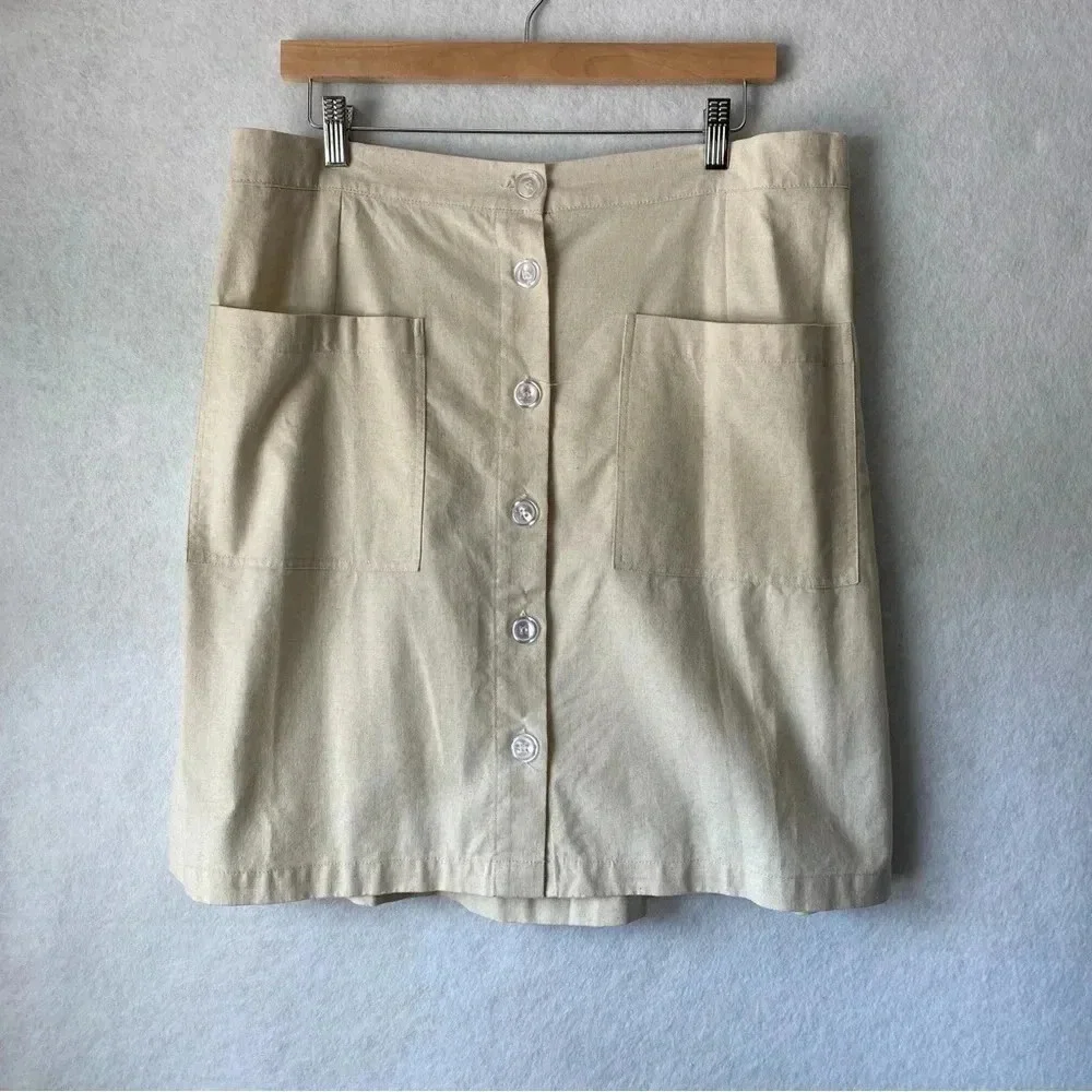 ODDY Button‎ Front Cotton Linen Elastic Wasit Pockets Casual Skirt Size 2XL